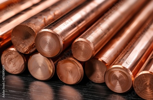 Copper rods and pipes stacked in a metalworking shop