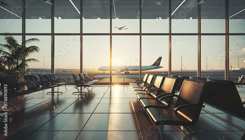  The airport waiting area with empty chairs and an airplane in the background