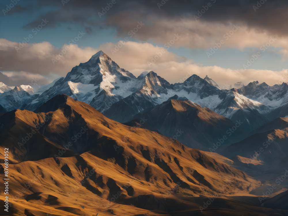 Obraz premium Highlight majestic mountain ranges with snow-capped peaks.