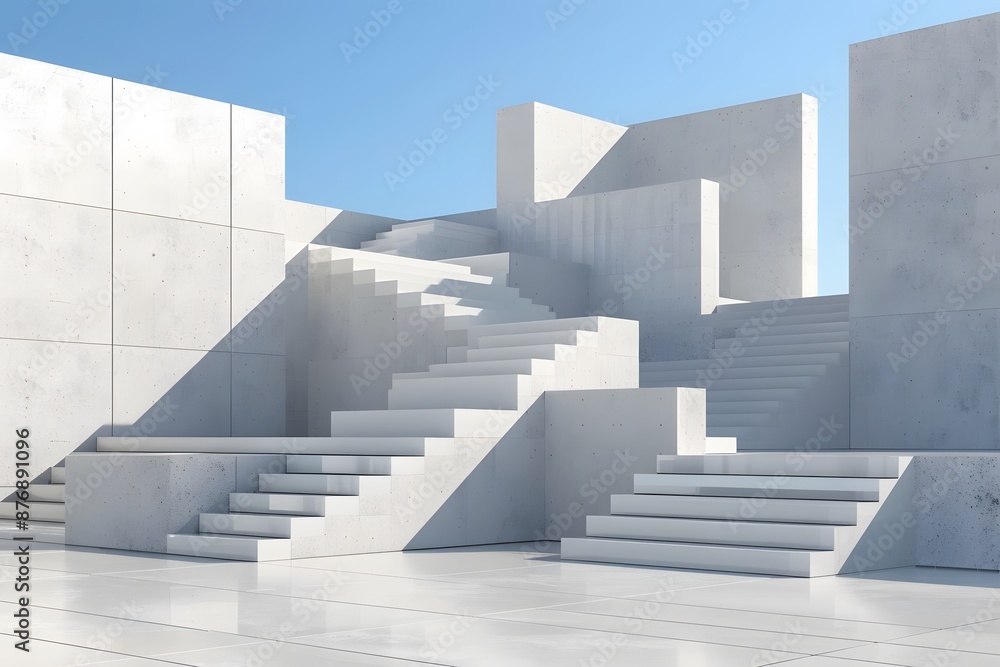 Abstract white concrete stairs and geometric structures under a clear blue sky Abstract white concrete stairs and geometric structures under a clear blue sky