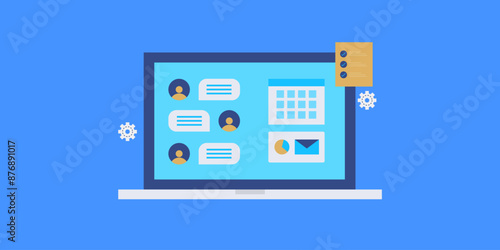 Team collaboration software project management accomplish task and workflow system e-business solution, vector illustration.