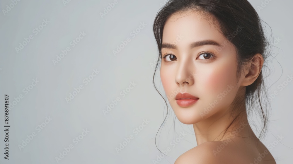 Portrait of a woman with natural makeup and neat hairstyle against a plain background. She has a serene expression and is looking towards the camera. Portrait of a woman with natural makeup and neat hairstyle against a plain background. She has a serene expression and is looking towards the camera.