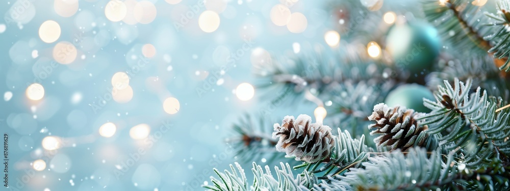 Christmas tree branches with blurred bokeh background and space for text. New Year card template. Christmas card template. Border, winter poster for invitations Christmas tree branches with blurred bokeh background and space for text. New Year card template. Christmas card template. Border, winter poster for invitations