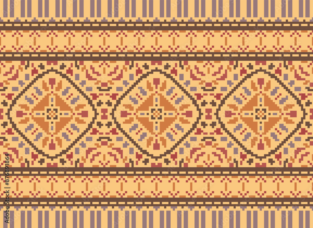 Fototapeta premium Pixel Tribal Vector pattern background, tribal seamless Aztec design, black and white geometric style, Vector African ethnic tribal clash ornament seamless pattern color