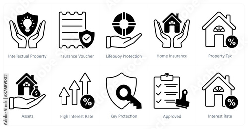 A set of 10 Mix icons as intellectual property, insurance voucher, lifebuoy protection