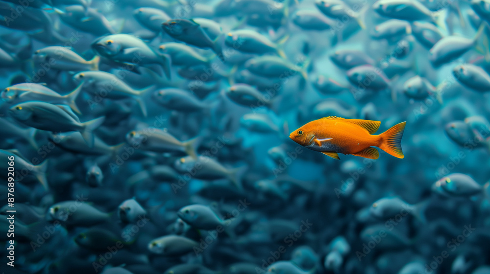 Naklejka premium A Single Brightly Colored Fish Swimming Against a School. A striking image of a single brightly colored fish swimming against a school of duller fish, representing individuality and standing out from 