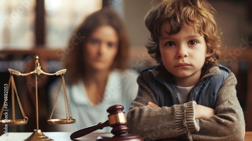 Cute child and mother at table with gavel of judge blurred in background, family law concept