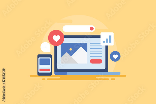 Website promotion on social media, blog content sharing web traffic analytics, engagement reaction marketing e-business concept, vector illustration.