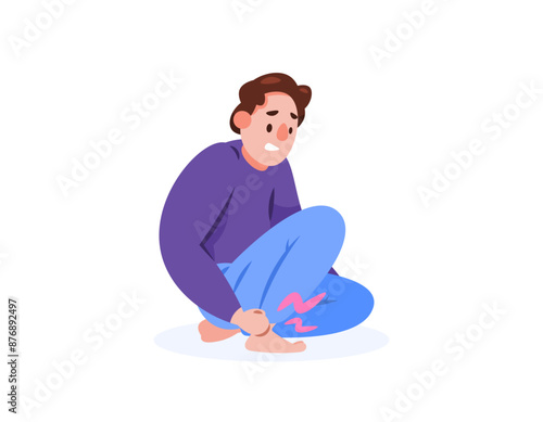 illustration of a man feeling pain in his legs when squatting. pain in the ankle. injury or sprain. bone and joint health problems. facial expressions. flat style character design. graphic elements