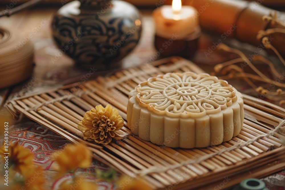 Mooncake with exquisite patterns sits on a bamboo mat portraying the traditional Mid-Autumn Festival in China Mooncake with exquisite patterns sits on a bamboo mat portraying the traditional Mid-Autumn Festival in China