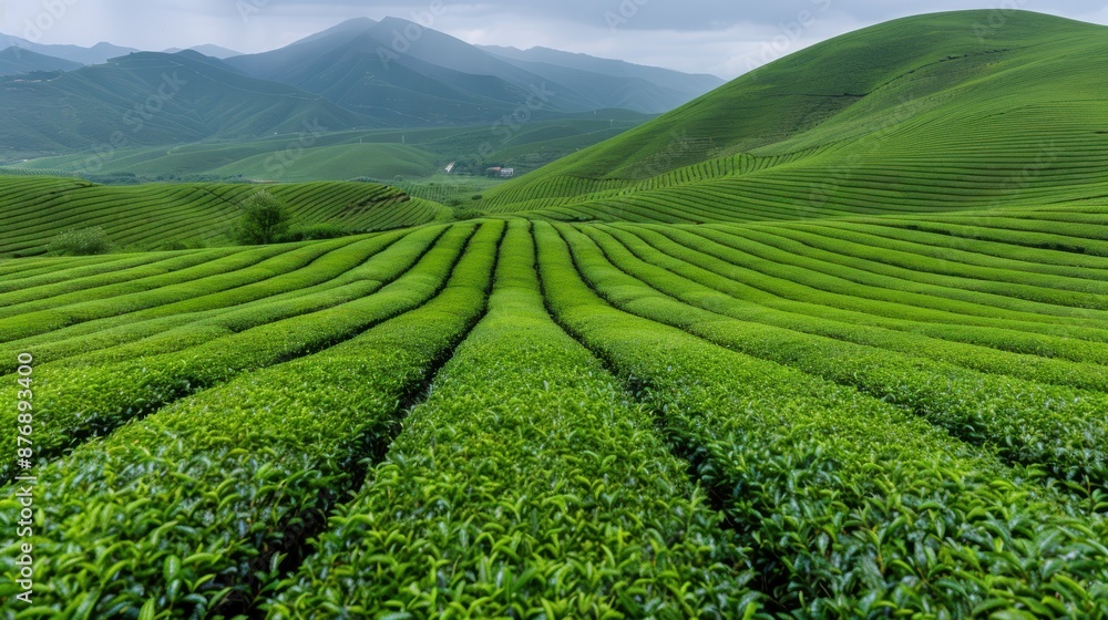 Lush green tea plantation in mountainous landscape Lush green tea plantation in mountainous landscape