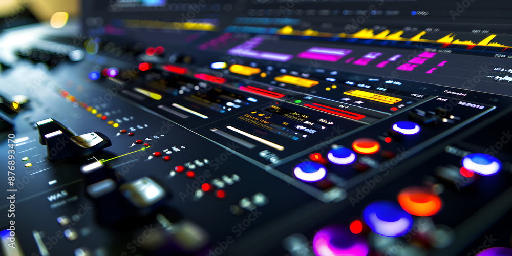 Close-up of an Advanced Audio Mixing Console with Vibrant Controls , The Art of Music , Melodic Moment , Strings of Serenity , The Music Maker , The Beauty of Sound Close-up of an Advanced Audio Mixing Console with Vibrant Controls , The Art of Music , Melodic Moment , Strings of Serenity , The Music Maker , The Beauty of Sound