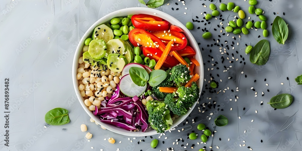 Vibrant Vegan Buddha Bowl with Fresh Organic Ingredients on a Light Background. Concept Recipe, Vegan, Buddha Bowl, Fresh Ingredients, Vibrant Vibrant Vegan Buddha Bowl with Fresh Organic Ingredients on a Light Background. Concept Recipe, Vegan, Buddha Bowl, Fresh Ingredients, Vibrant