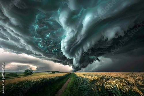 Dramatic storm clouds over a rural field with a narrow dirt path cutting through golden crops.