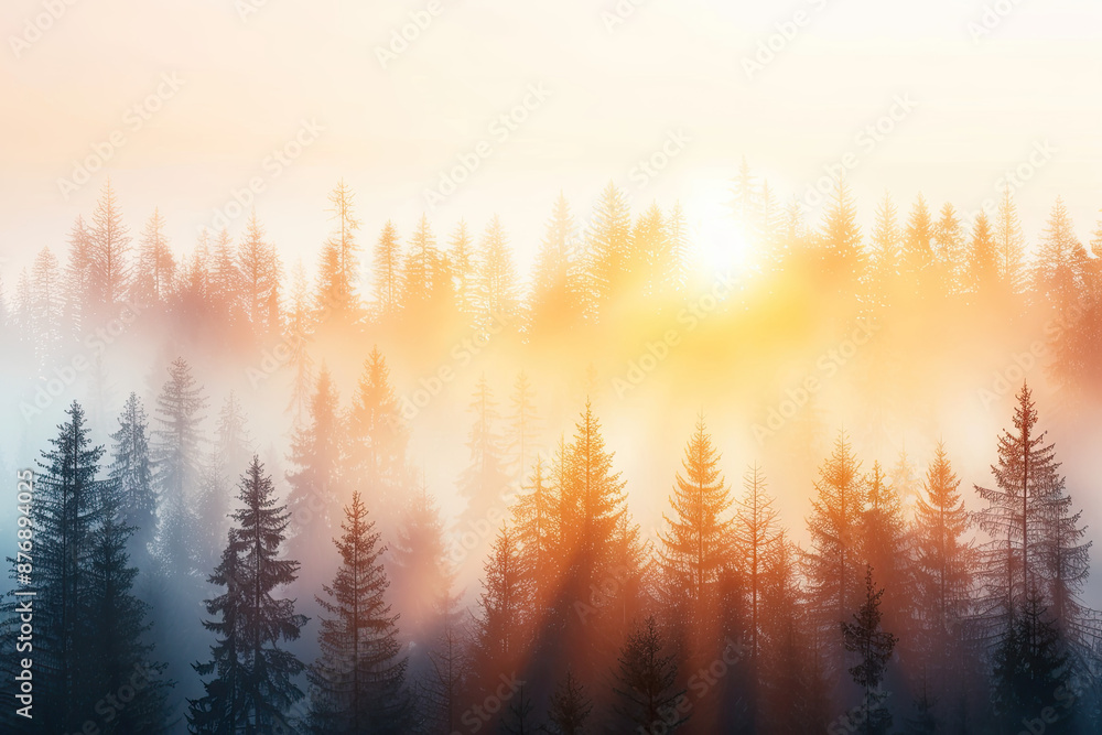 The sun rises over a misty forest. The sun rises over a misty forest.