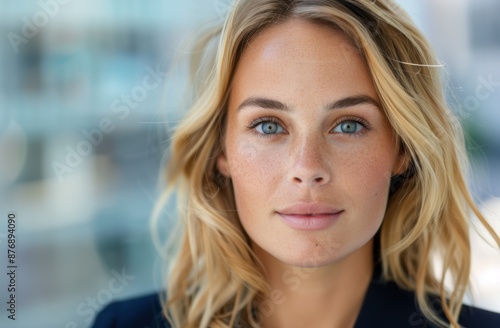 Free Download Closeup portrait of a beautiful young woman with blonde hair and blue eyes - GFXLoad