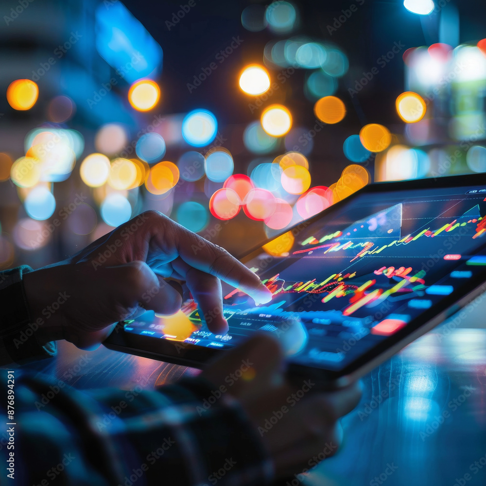Close-up and side view of male hands using a tablet with a glowing candlestick forex chart on a blurry light city background. Concept of trade and finance. Close-up and side view of male hands using a tablet with a glowing candlestick forex chart on a blurry light city background. Concept of trade and finance.