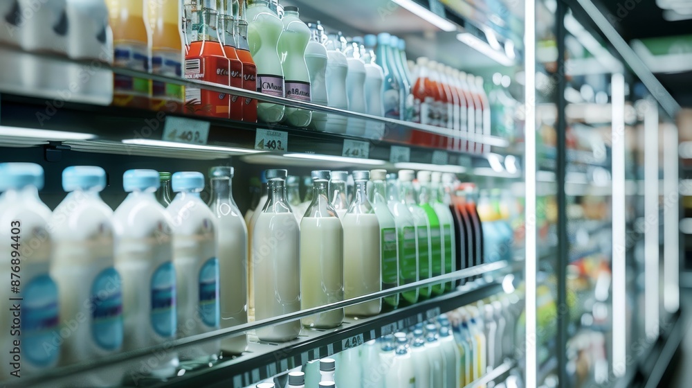 This image shows a fridge aisle filled with various dairy products including milk, yogurts, and other beverages, all neatly organized in a commercial retail setting under bright lights. This image shows a fridge aisle filled with various dairy products including milk, yogurts, and other beverages, all neatly organized in a commercial retail setting under bright lights.