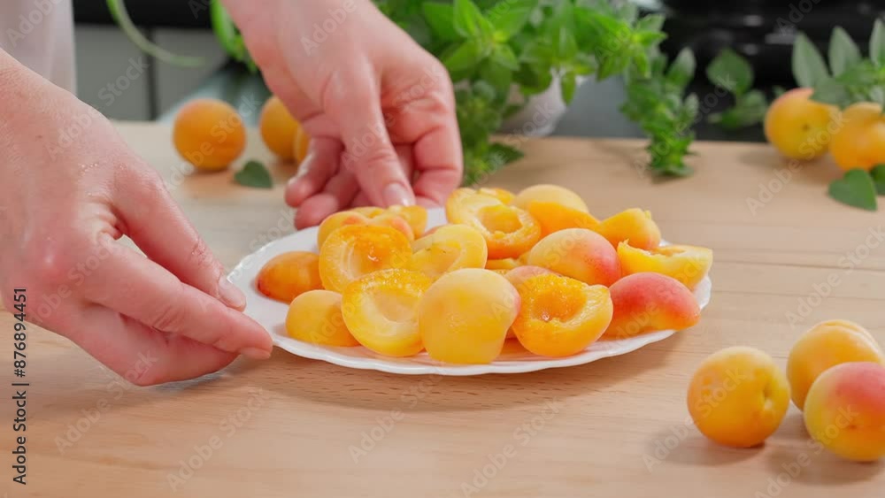 Ripe apricot halves lie on a white plate, the girl’s hands show fresh apricots in a circle. Harvest from the garden. Cleanses the body of toxins. Apricot pie, apricot jam. Close-up, side view Ripe apricot halves lie on a white plate, the girl’s hands show fresh apricots in a circle. Harvest from the garden. Cleanses the body of toxins. Apricot pie, apricot jam. Close-up, side view