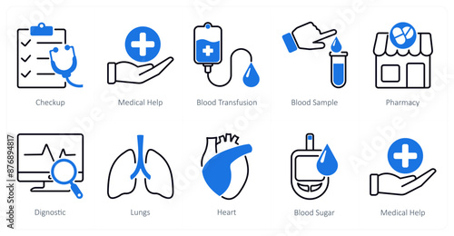 A set of 10 Mix icons as checkup, medical help, blood transfusion