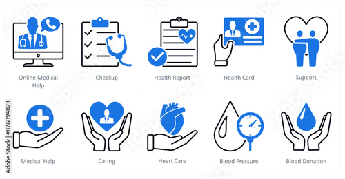 A set of 10 Mix icons as online medical help, checkup, health report
