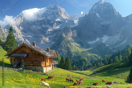 an image of a remote mountain homestead with a quaint wooden house and cows peacefully grazing in the surrounding meadows