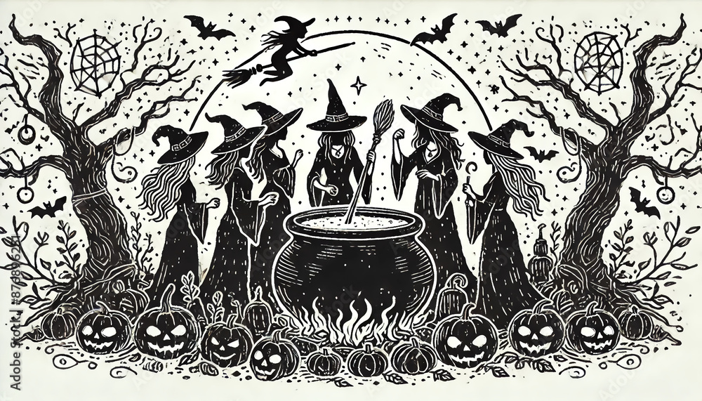 Naklejka premium Detailed illustration of a witches' gathering
