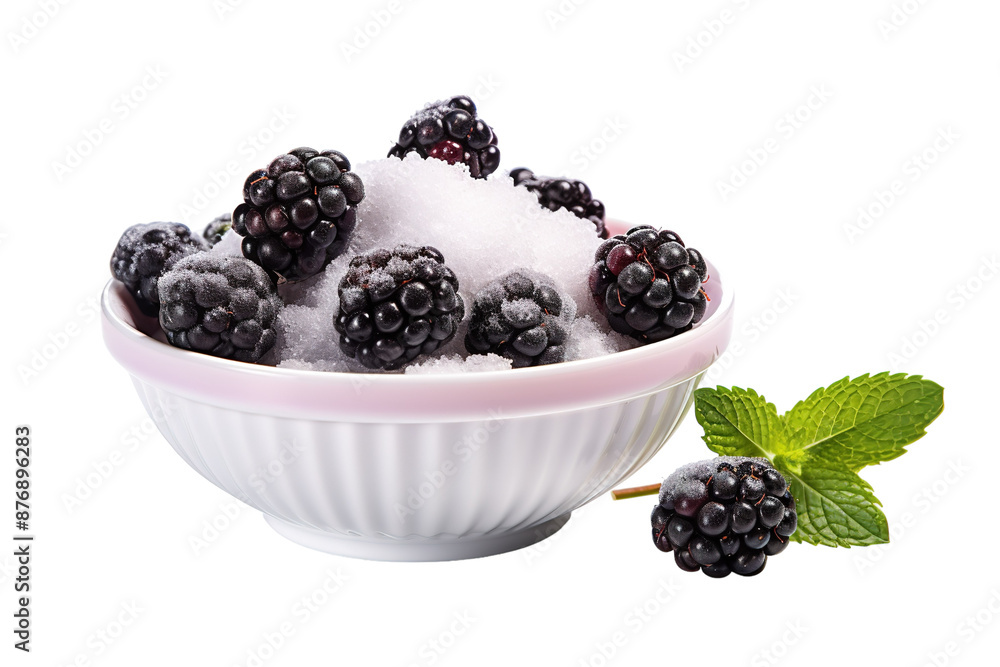A Bowl of Freshly Picked Blackberries Covered in Powdered Sugar and Mint. on a White or Clear Surface PNG Transparent Background. A Bowl of Freshly Picked Blackberries Covered in Powdered Sugar and Mint. on a White or Clear Surface PNG Transparent Background.