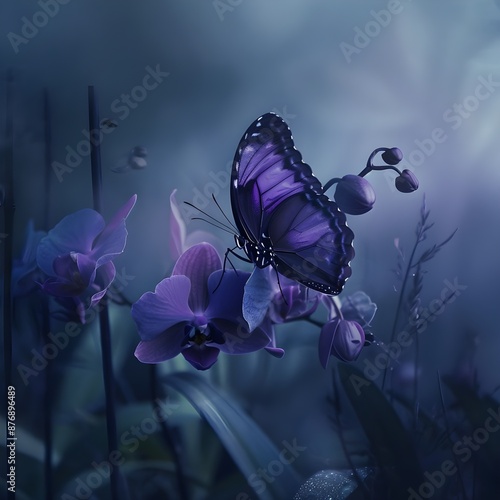 21h macro photograph of an ultra violet butterfly sitting on an orchid with a blank back ground, mist all around, dreamy, dark nature1 photo