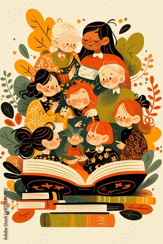 Colorful Illustration of Diverse Children Reading Together with Open Book and Autumn Leaves Background