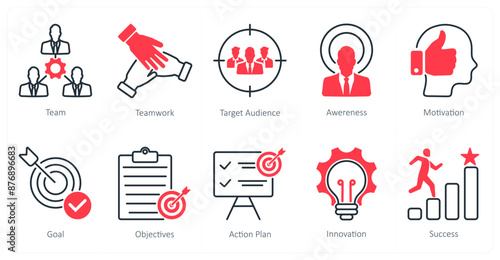 A set of 10 Mix icons as team, teamwork, target audience