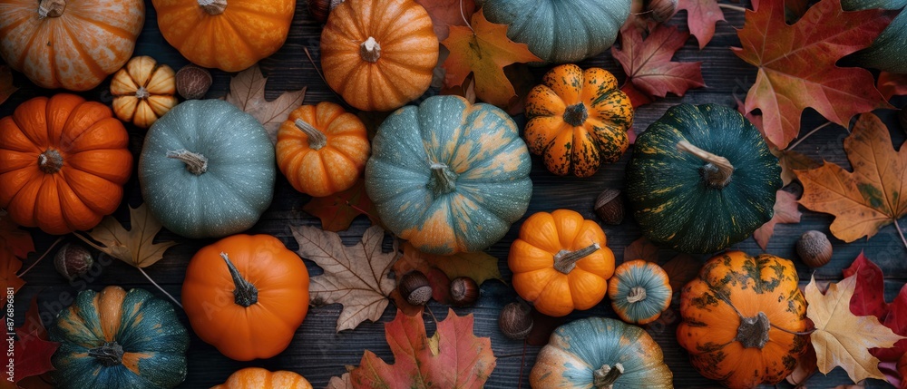 Autumn Pumpkins and Leaves on Rustic Wooden Background, Seasonal Decoration Autumn Pumpkins and Leaves on Rustic Wooden Background, Seasonal Decoration