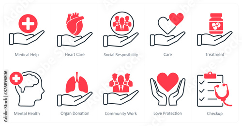 A set of 10 Mix icons as medical help, heart care, social responsibility