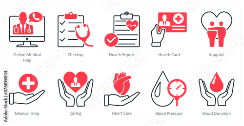 A set of 10 Mix icons as online medical help, checkup, health report