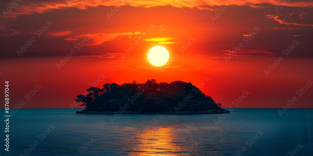 Silhouetted Island on the Red Mediterranean Sunset Coastline. Concept Nature Photography, Silhouette Art, Mediterranean Sunset, Coastal Views, Island Scenery, Silhouetted Island on the Red Mediterranean Sunset Coastline. Concept Nature Photography, Silhouette Art, Mediterranean Sunset, Coastal Views, Island Scenery,