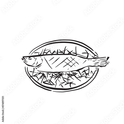 A whole fish dish on a bed of salad. Carp or trout or mullet. Black and white line drawn vector. Food, restaurant.