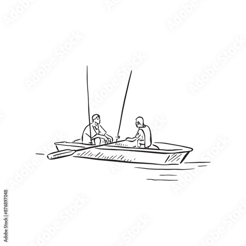 Two fishermen in a boat with paddles and fishing rods. Drawn in black and white as a vector. Hand drawn line illustration.