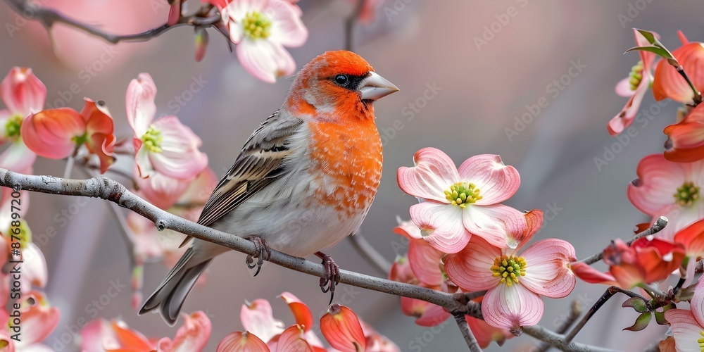 Obraz premium A colorful finch chirps on a blooming dogwood branch in spring. Concept Nature, Birds, Spring, Blooming, Colors