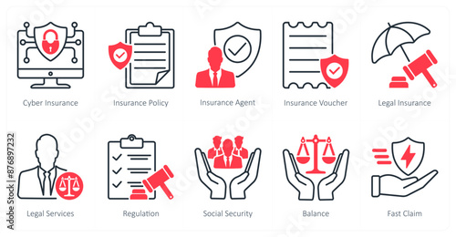 A set of 10 Mix icons as cyber insurance, insurance policy, insurance agent