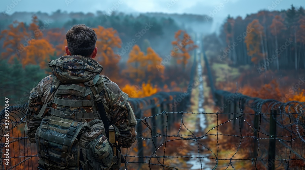 a soldier in full equipment stands on the border a soldier in full equipment stands on the border