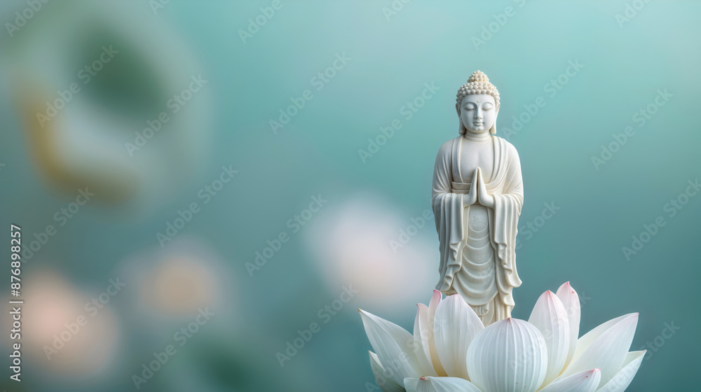 Peaceful Buddha Statue Sitting on Lotus Flower in Tranquil Nature Scene Peaceful Buddha Statue Sitting on Lotus Flower in Tranquil Nature Scene