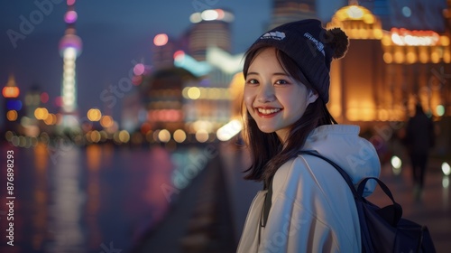asian smiling girl is dressed in sportswear with a city view background © Nicolas Swimmer