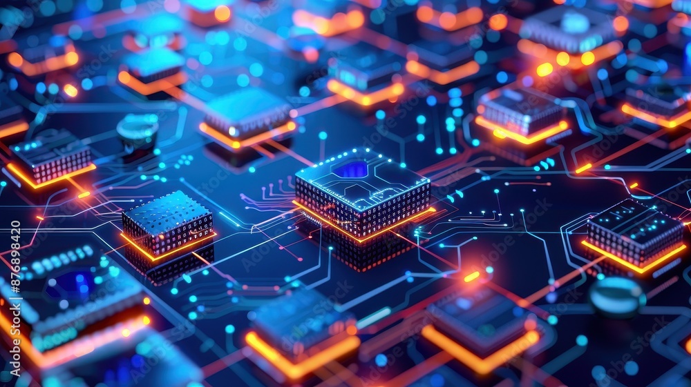 Obraz premium Futuristic digital circuit board with glowing microchips and electronic components, representing advanced technology and modern innovations.