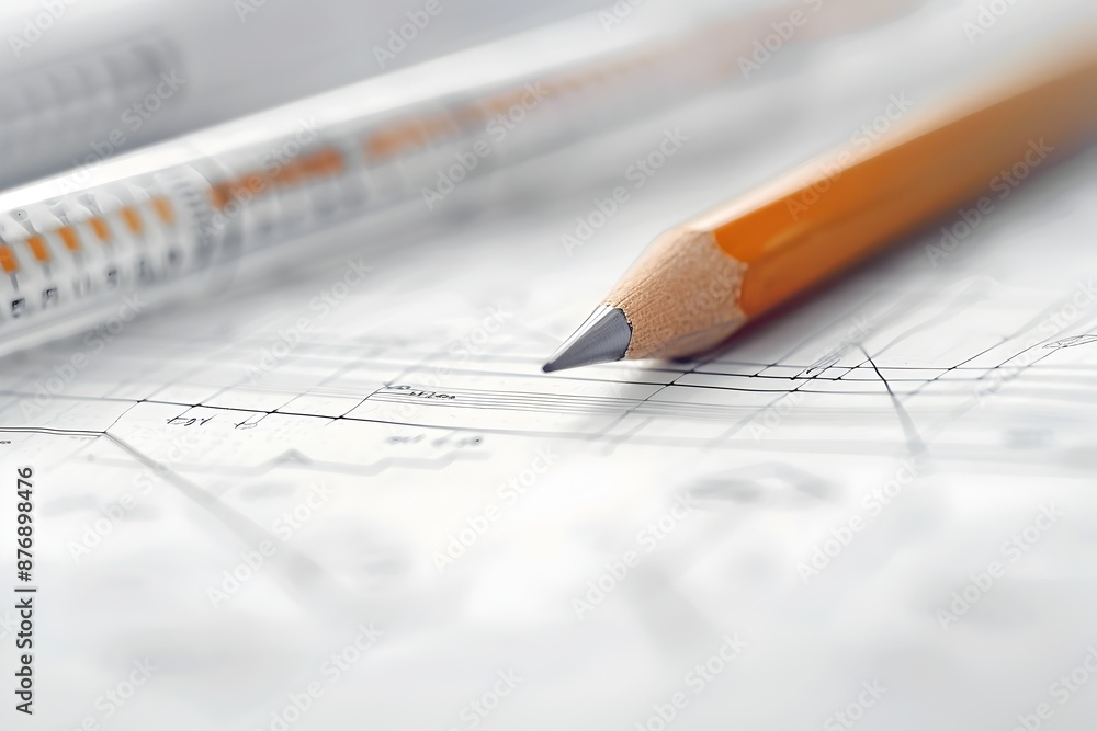 Close-up View of Pencil on Blueprint Paper with Geometric Designs and Drawings Close-up View of Pencil on Blueprint Paper with Geometric Designs and Drawings