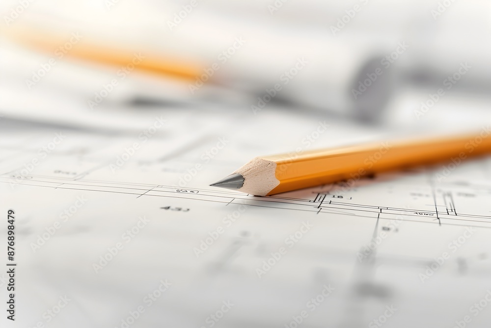 Architectural blueprint drawing with pencils and design tools on paper workspace for construction Architectural blueprint drawing with pencils and design tools on paper workspace for construction