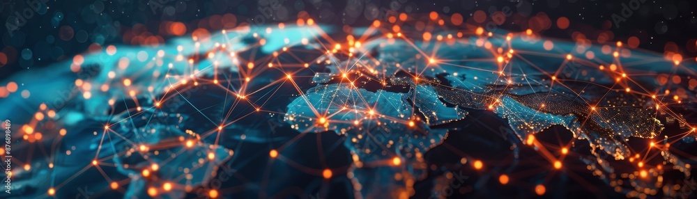Obraz premium Global network connections: A stylized representation of interconnected technology and data points across the world, showcasing modern digital communications.