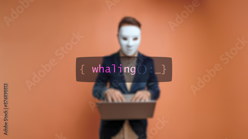 Cybersecurity concept whaling on foreground screen, hacker silhouette hidden with low poly style mask. Vulnerability and attack on colored code editor. Text in English, English text