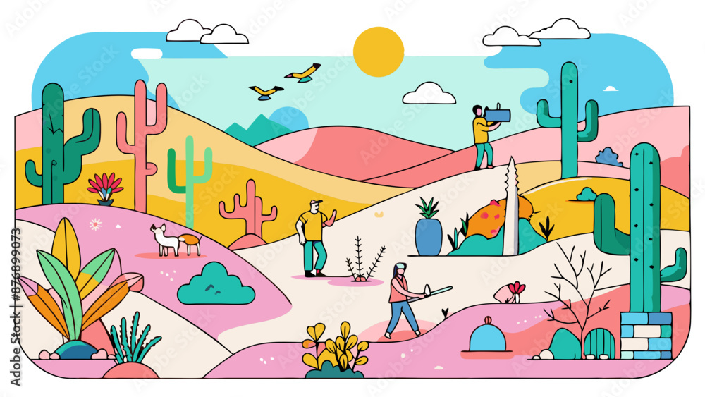 Fototapeta premium Vibrant Illustrated Desert Landscape with People and Cacti
