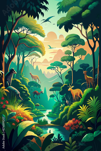 Enchanted Forest Wilderness at Sunset with Diverse Wildlife