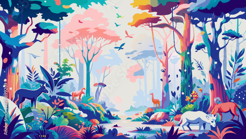 Vibrant Enchanted Forest Wildlife Scene with Colorful Flora and Fauna